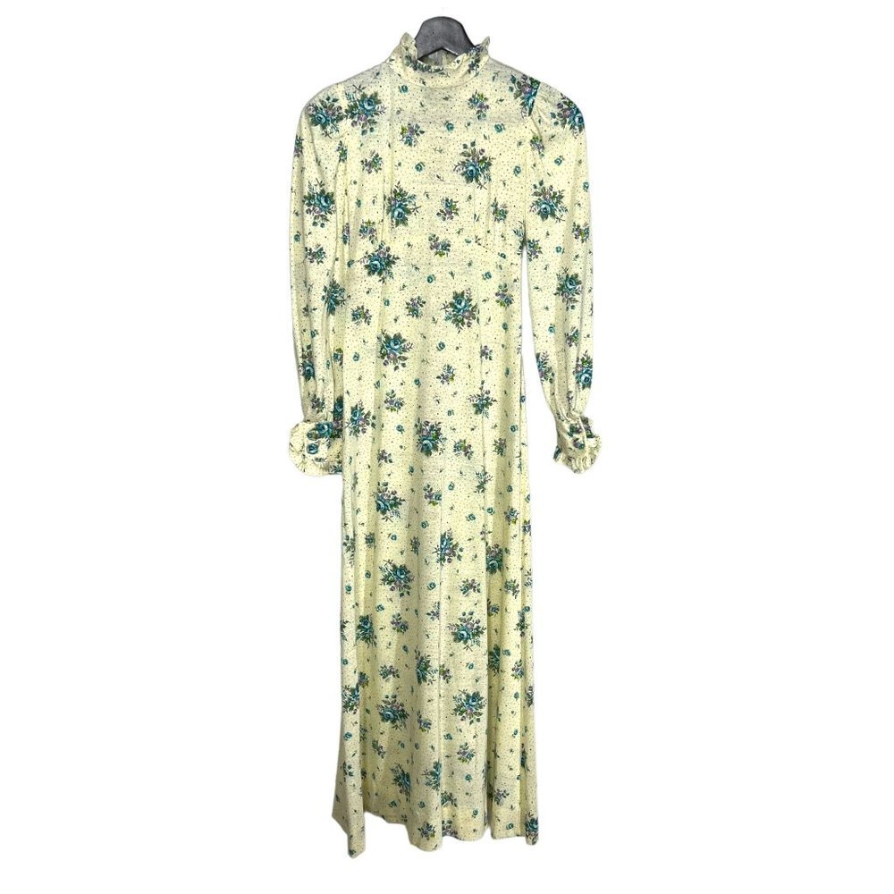 Vintage 60s Handmade Cream Floral Print Long Sleeve Full Length Dress Size 8